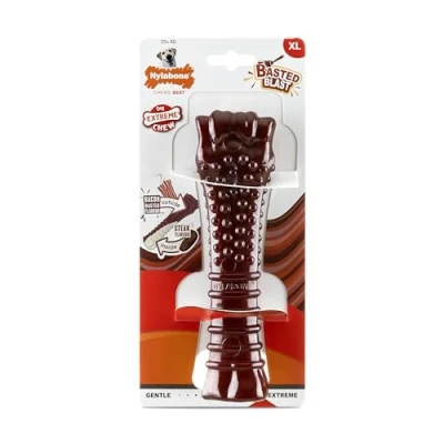 Afbeelding van Nylabone, Basted Blast, Extreem sterk kauwspeelgoed, Hondenspeeltje gemaakt van Duurzaam nylon, Botvorm, kauwbot, Smaak: bacon en steak, Extra groot, Voor honden vanaf 23 kg
