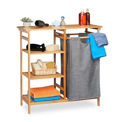 Afbeelding van Relaxdays badkamerrek met wasmand bamboe badkamerkast badkamermeubel 4 etages