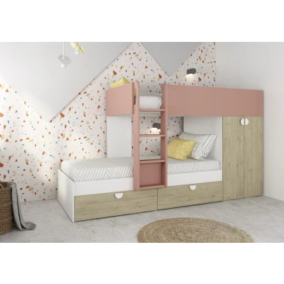 Afbeelding van Fratello stapelbed met kast en lades 90x190 Witgrenen/oudroze
