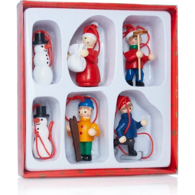 Afbeelding van BRUBAKER 6 delige set kerstboomhangers White Christmas handgeschilderde natuurlijke houten boomversieringen voor de kerstboom Kersthangers ontworpen in Duitsland.