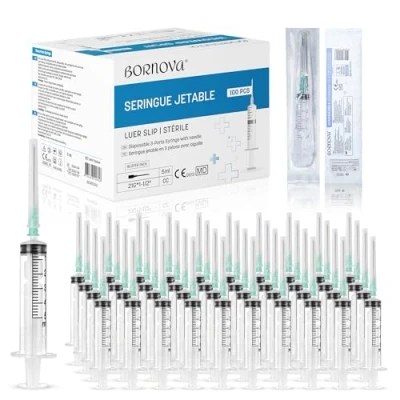 Afbeelding van 100 stuks vloeistofdispensers, 3 ml, 5 met 21 g Luer Slip (voorgemonteerd), hoogwaardige kunststof, vloeistofmeting (5 ml/100 stuks)