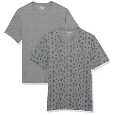 Afbeelding van Amazon Essentials Heren Slim Fit T shirt met korte mouwen en V hals, set van 2, grijs Heather Cactus Print, Medium