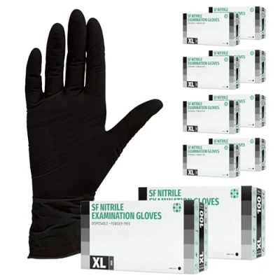 Afbeelding van SF Nitril handschoenen, maat XL, zwart, 1000 stuks (10 x 100) stuks, wegwerphandschoenen, medische poedervrij, latexvrij, voor medicijnen, keuken, schoonmaken, cosmetica, huishouden