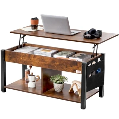 Afbeelding van VEVOR 42 inch rechthoekige extra opbergzakken, pop up salontafel voor woonkamer, bruin, 106 x 50 48,8 cm