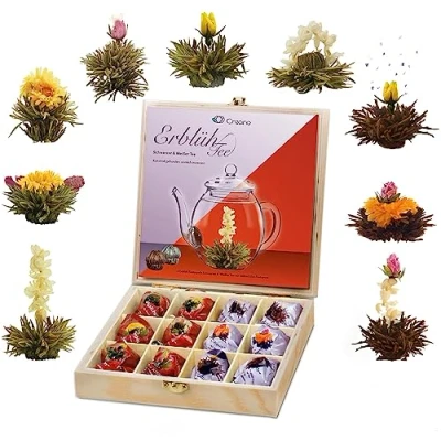 Afbeelding van Creano thee bloemen geschenkstel in houten theekist, 12 bloeiende theesoorten 9 soorten witte &amp; zwarte