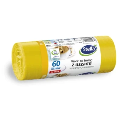 Afbeelding van Stella 035144 Vuilniszakken met hengsels voor metaal, plastic en kunststofscheiding, 60 l, 14 stuks, huisafval, kantoor, van dikke LDPE regranulaatfolie, kleur: geel