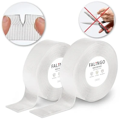 Afbeelding van FALINGO Dubbelzijdig plakband handscheurbaar extra sterk Nano Tape lijmen in plaats van boren verwijderbaar transparant 2 rollen (3 cm x 3 m)
