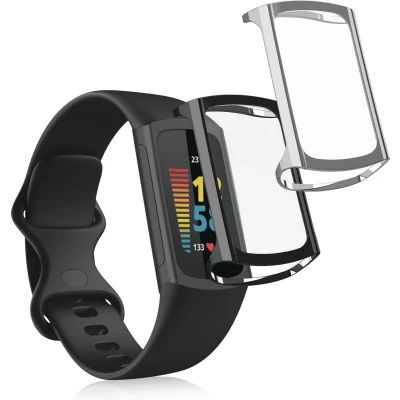 Afbeelding van kwmobile 2x smartwatch hoes geschikt voor Fitbit Charge 6 / 5 hoesje Siliconen sporthorloge cover Activity tracker case in zwart zilver