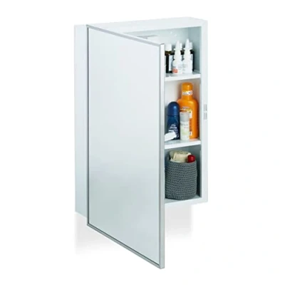 Afbeelding van Relaxdays spiegelkast badkamer, hangkast, met deur, van staal, 3 vakken, HxBxD: 56 x 40,5 12,5 cm, in het wit