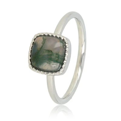 Afbeelding van My Bendel Zilverkleurige ring Met vierkanten Moss Agate edelsteen Opvallende donkergroene luxe cadeauverpakking