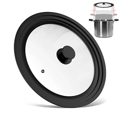 Afbeelding van Fousenuk universeel deksel, zwart, glazen hittebestendig, 3 maten, met gegradueerde siliconen rand stoomgat, voor potten en pannen een diameter van 28/30/32 cm