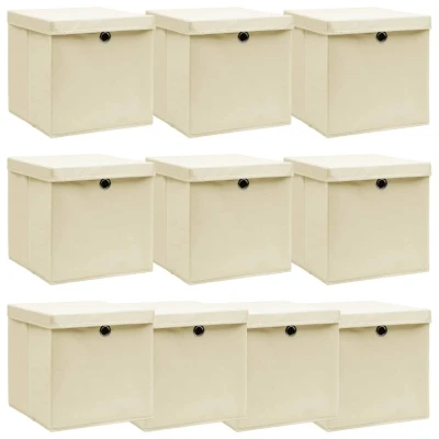 Afbeelding van Opbergboxen met deksel 10 st 32x32x32 cm stof crèmekleurig