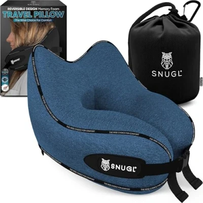 Afbeelding van Snugl reis /nekkussen, traagschuim vliegtuigkussen, vliegkussen, neksteun, reiskussen met draagtas en clip, nekkussen voor slapen, benodigdheden vliegreizen, blauw.
