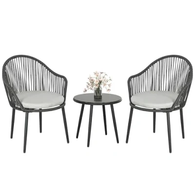 Afbeelding van Outsunny Bistro tuinmeubelen, 3 delige tuinbistroset, stalen frame, 2 stoelen + 1 salontafel met blad van gehard glas, inclusief kussens, grijs