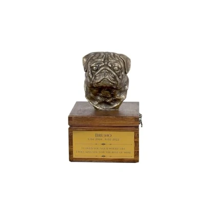 Afbeelding van Art Dog handgemaakte aangepaste hondenherdenkingsurn koudgegoten bronzen hondenkop op berkenbasis langdurige hondencrematiedoos 16x28x16cm Mops dweilen