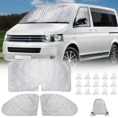 Afbeelding van Scherm voorruit, vervanging voor VW T5 T6, 3 stuks zonneschermen, thermische, blinderende schermen in de camper, met opbergtas, set raamschermen Transporter