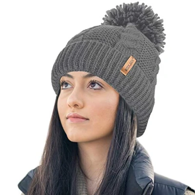 Afbeelding van RockJock Dames STORMACTIVE 100% waterdichte warme kabel gebreide wintermuts met pompom en thermische gezellige voering, Grijs, One size