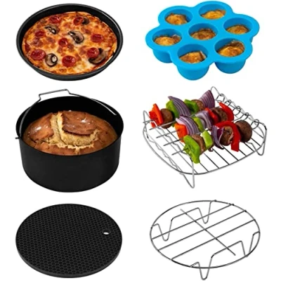 Afbeelding van COSORI Airfryer accessoireset, geschikt voor alle merken 5,5 l, 6 stuks inclusief taartpan/pizzapan, metalen houder/multifunctioneel rek met spiesjes/siliconen mat/eierbetenvorm deksel