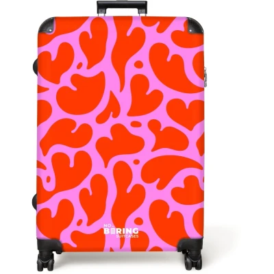 Afbeelding van NoBoringSuitcases.com® Koffer groot Reiskoffer lichtgewicht Organisch hartmotief in rood op roze achtergrond Rolkoffer met 4 wielen Grote trolley XL 98 liter bagage