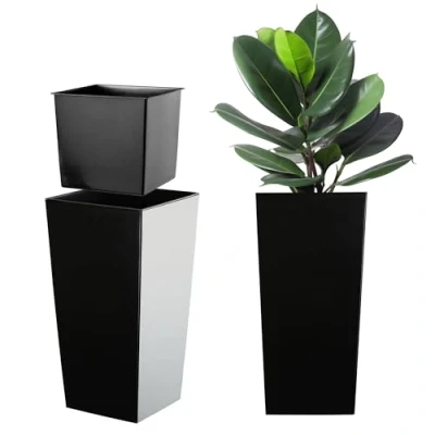 Afbeelding van KADAX Bloempot, bloembak van kunststof, plantenbak voor bloemen, binnen en buiten, tuin, balkon, terras, huis, weerbestendig, imitatie rotan (57,5 cm hoog, matzwart)