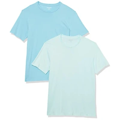 Afbeelding van Amazon Essentials Heren Slim Fit T shirt met korte mouwen en ronde hals, pak van 2, Aqua Blauw/Lichtblauw, Small