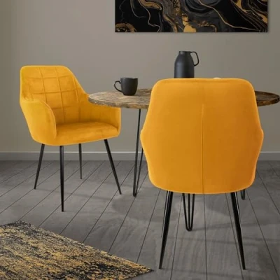 Afbeelding van Eetkamerstoel Set van 2 met rugleuning en armleuningen Geel in fluweel ML Design