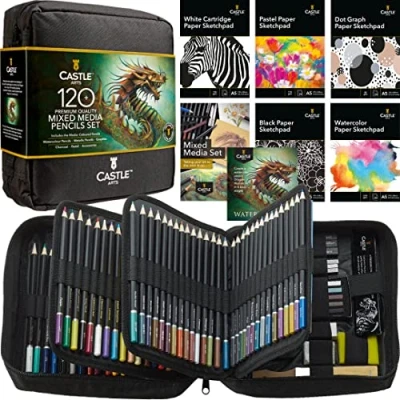 Afbeelding van Castle Art Supplies Mixed Media Set 120+ kunstpotloodcollectie gekleurd, aquarel, pastel, metallic, grafiet, houtskool Creatieve vrijheid voor volwassen artiesten, coloristen in reiskoffer