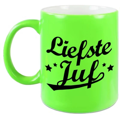 Afbeelding van Liefste juf beker / mok neon groen 330 ml afscheidscadeau bedankt cadeau feest mokken