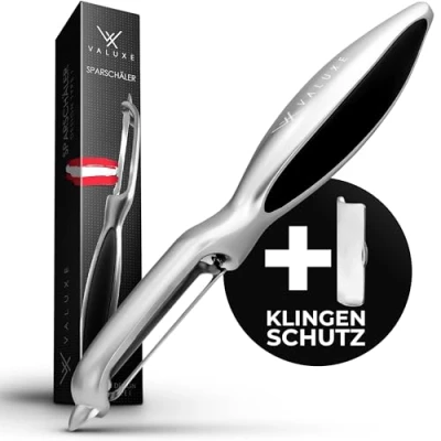 Afbeelding van VALUXE® Premium dunschiller met scherp roestvrijstalen lemmet en antislip handgreep, handige I groenteschiller om nauwkeurig te schillen, innovatieve aardappelschiller, aspergeschiller, universele
