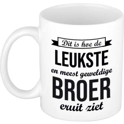 Afbeelding van Leukste en meest geweldige broer cadeau mok / beker wit 300 ml feest mokken