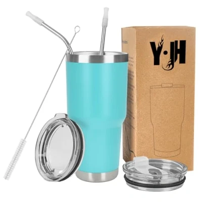 Afbeelding van Y·J&amp;H 30oz (850ml) Travel Tumbler Dubbelwandige vacuüm geïsoleerde koffiemok roestvrij stalen koffiekop met 2 spatwaterdicht deksel, rietjes en gratis reinigingsborstel, BPA vrij Turkoois