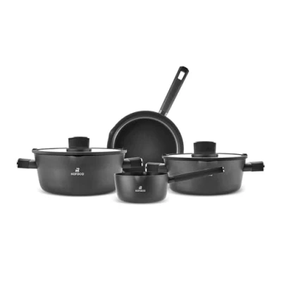 Afbeelding van Karaca Swiss Crystal keramische middernacht kookgerei set non stick potten en pannen met deksel PFAS vrij, vaatwasmachinebestendig, inductiekookplaat compatibel kookgerei, zwart, 6 delig