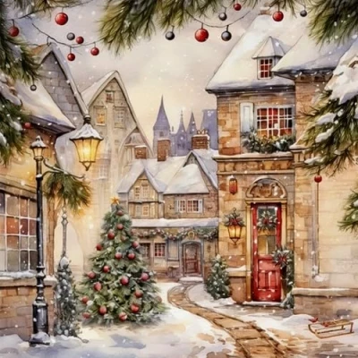Afbeelding van 20 servetten winter betoverende kerststad als tafeldecoratie. Papieren met motief. Ook voor decoupage en servettentechniek 33x33cm