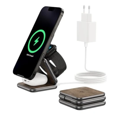 Afbeelding van KU XIU X40Q Qi2 3 in 1 Opvouwbaar Draadloos Laadstation, Magnetische 15W Snellader voor iPhone 16/15/14/13/12 Pro Max, 5W Oplader Apple Watch 10/9/8/7/6/Ultra/SE en AirPods Pro/4/3/2, Houtnerf