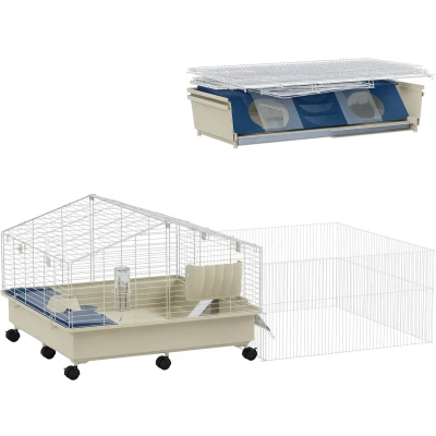 Afbeelding van PawHut Kleintierkäfig mit Laufstall, Kaninchenkäfig, Kleintierstall Wasserflasche, Heufütterung, Futterschale, Rampe Nagerkäfig Rollen für Meerschweinchen und Igel Weiß