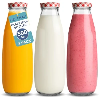 Afbeelding van HEFTMAN glazen melkflessen met deksel lege 500ml set van 3 luchtdichte melkfles rode ginghamdeksels