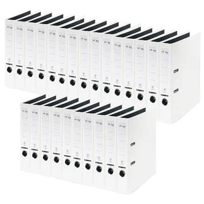 Afbeelding van VON Leitz Ordner A4, verpakking van 25 stuks, karton met kunststof omslag, 50 mm rugbreedte, voor 350 vellen, blauwe engel en FSC gecertificeerd, school, studie thuis, wit, 10560001