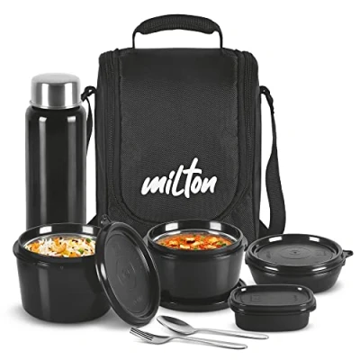 Afbeelding van Milton Pro Lunch Magnetron Tiffin met binnenste stalen containers, 180/320/450 ml 1 plastic sauspot waterfles 750 ml, lepel en vork, zwart, gemakkelijk mee te nemen
