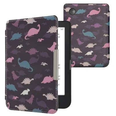 Afbeelding van kwmobile E reader hoesje geschikt voor Kobo Clara 2E hoes flip case met magnetische sluiting Ereader cover Bonte dinosauriërs design in paars / geel blauw