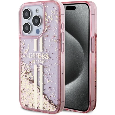 Afbeelding van Guess Liquid Glitter Gold Stripe Back Case Apple iPhone 15 Pro (6.1&quot;) Roze