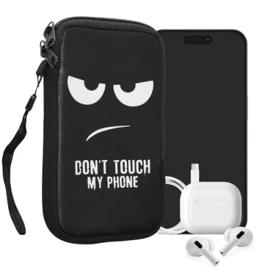 Afbeelding van kwmobile hoesje voor smartphones L 6,5&quot; hoes van Neopreen Don&#039;t Touch My Phone design wit / zwart binnenmaat 16,5 x 8,9 cm