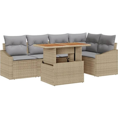 Afbeelding van vidaXL 6 delige Tuin Eetset met Kussens Beige Poly Rattan Acacia