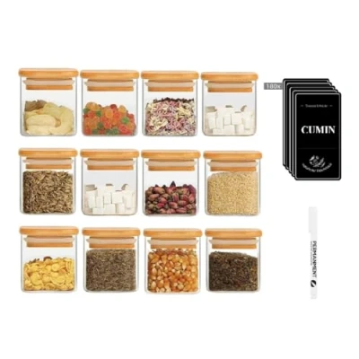 Afbeelding van kruidenpotjes, vierkant, set van 12, 120 ml, kruidenorganizer, met bamboedeksel, kruidenstrooier, glazen kruidenpotjes etiketten en witte krijtstift,