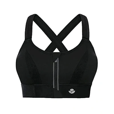 Afbeelding van YIANNA Vrouwen Hoge Impact Sport BH Plus Size Zip Voorsluiting Bras Gewatteerde Verstelbare Riem, Zwart, XXL