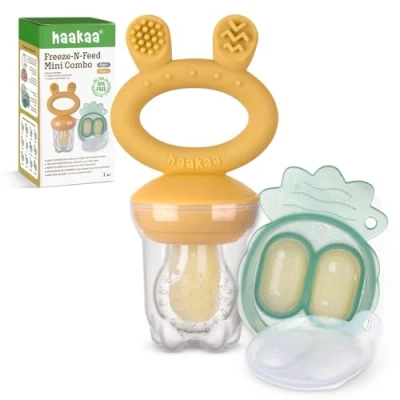 Afbeelding van Haakaa Baby Fruit Voerbakje Mini diepvriezer Knabbelbakje Combo,Moedermelk ijslollyvormpjes, BPA vrije siliconen voerbak voor veilig zelf voeden, 4 maanden+ pompoen