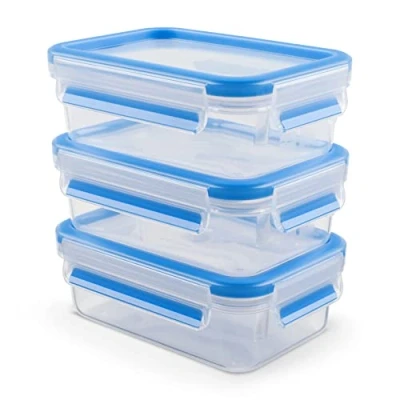 Afbeelding van Emsa N10313 Clip &amp; Close Vershouddozenset, 3 delig, x 1 l, stapelbaar, magnetronbestendig, 40 tot +100 graden, kunststof, 100% dicht, verse afdichting, vaatwasmachinebestendig, transparant/blauw