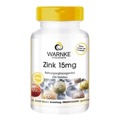 Afbeelding van Zink 15 mg 250 tabletten voor dagen, organische vorm als zinkgluconaat, sporenelement, veganistisch Warnke Vitalstoffe Duitse apothekerskwalitei