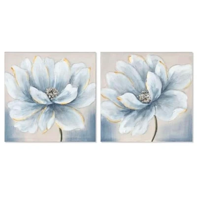 Afbeelding van Schilderij Home ESPRIT Blauw Wit Canvas Hout MDF Bloem Traditioneel 40 x 2,5 cm (2 Stuks)