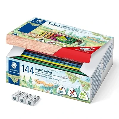 Afbeelding van Staedtler Noris Kleurpotloden, ergonomisch driehoekig formaat, antislip, zacht oppervlak, hoge breukbestendigheid, WOPEX materiaal, 144 kleurpotloden in 12 kleuren en 3 slijpers, 187 C144
