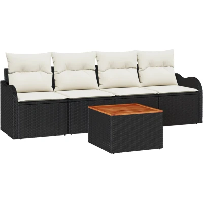 Afbeelding van vidaXL 5 delige Tuinsalonset met Kussens Zwart Poly Rattan Acacia, 2 zits Tuinsalon Opslag &amp;